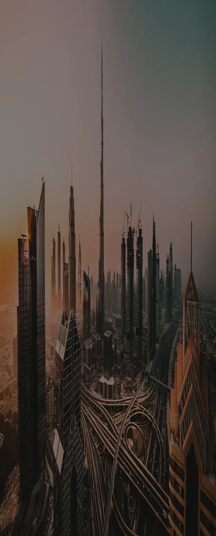 Dubai city skyline with the Burj Khalifa at dusk